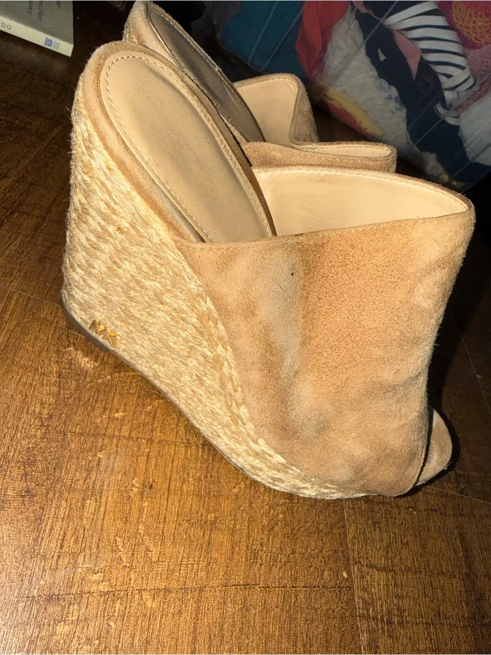 Michael Kors Beige Espadrille Wedge with Gold MK Accent